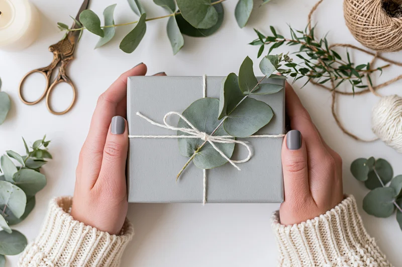 Woman's hands holding a grey kraft paper gift box tied with twine and eucalyptus leaves on a white surface
