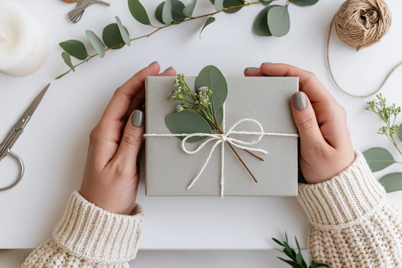 Woman's hands holding a wrapped gift box with twine and eucalyptus on a white surface