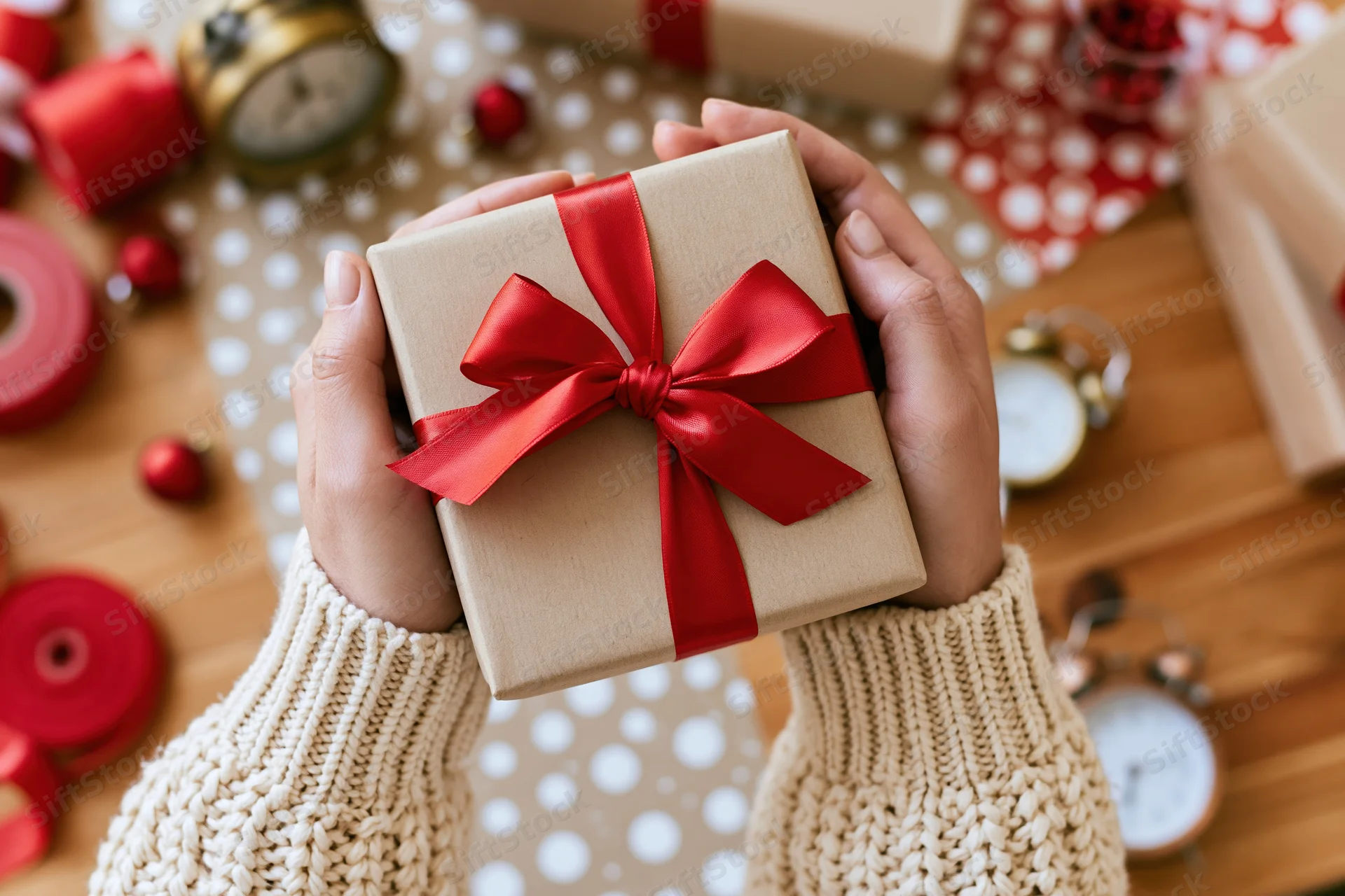 Woman's hands holding a kraft paper gift box with red ribbon bow over a decorated wooden table