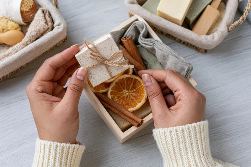 Woman's hands holding a handmade soap bar tied with twine over a wooden box filled with dried orange slices and cinnamon sticks on a light wood surface