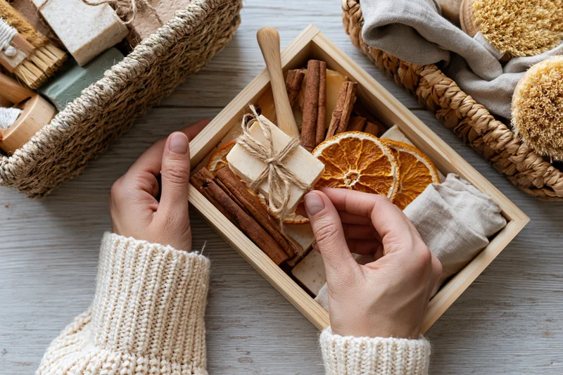 Hands holding a twine-wrapped soap bar over a wooden box filled with cinnamon sticks and dried orange slices on a light wood surface