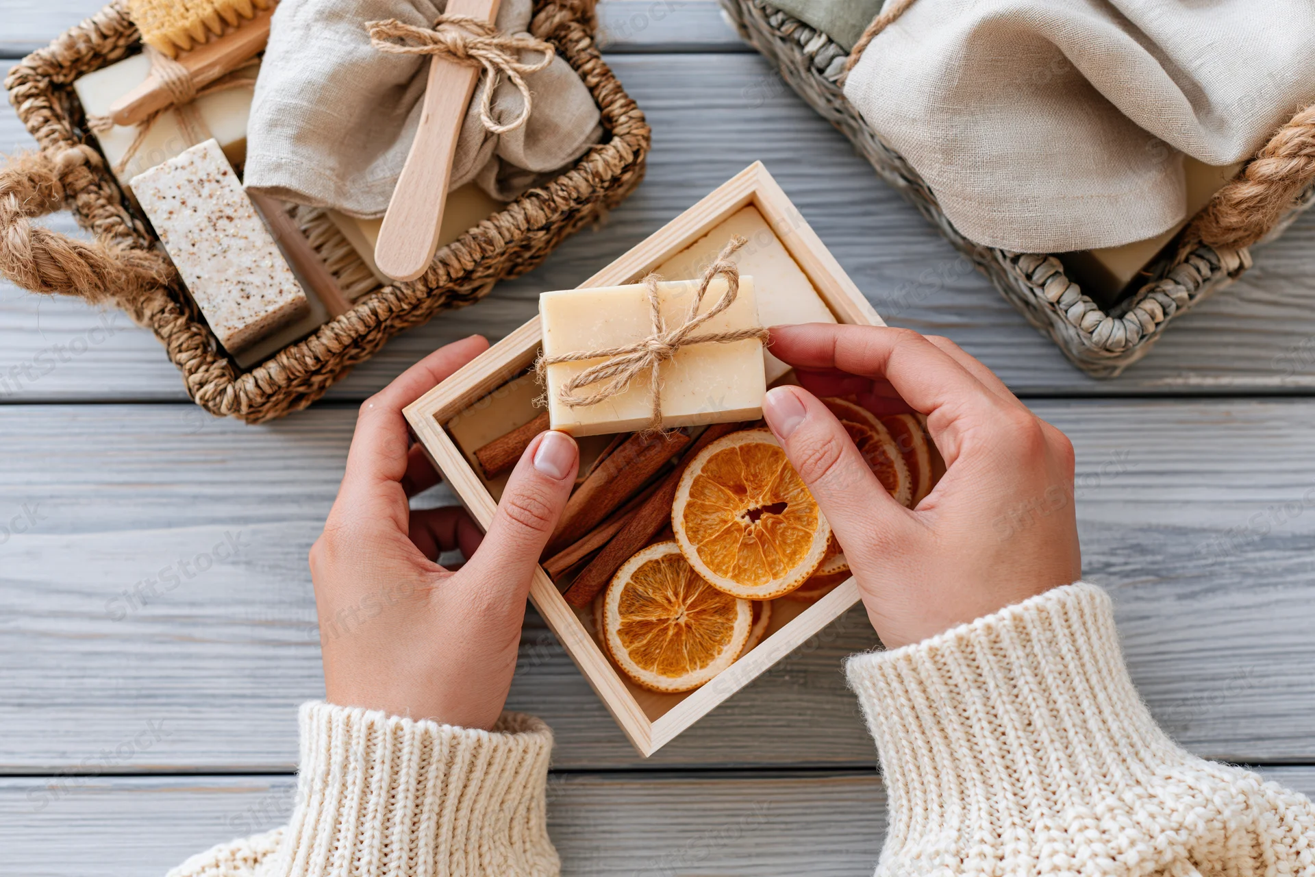 Woman's hands holding a wooden box with handmade soap and dried orange slices on a gray wood surface