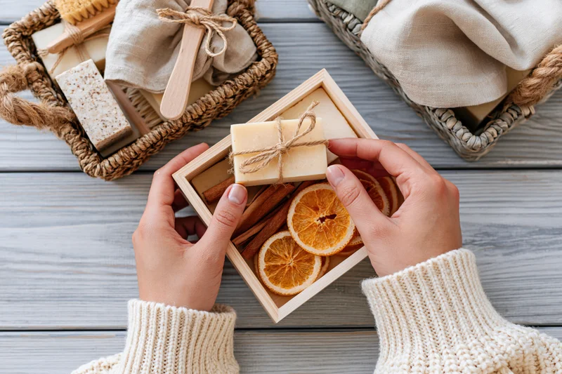 Woman's hands holding a wooden box with handmade soap and dried orange slices on a gray wood surface