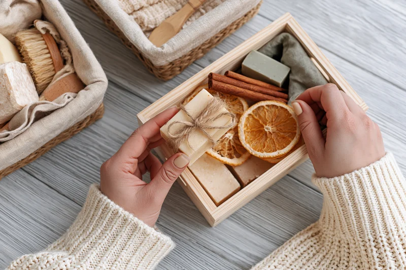 Woman's hands arranging natural soap bars with dried orange and cinnamon in a wooden box on a gray wood surface