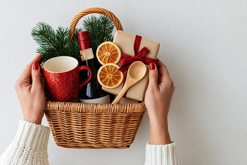 Woman's hands holding a wicker gift basket filled with wine, mug, dried oranges, pine sprigs, and wrapped gift against a white wall