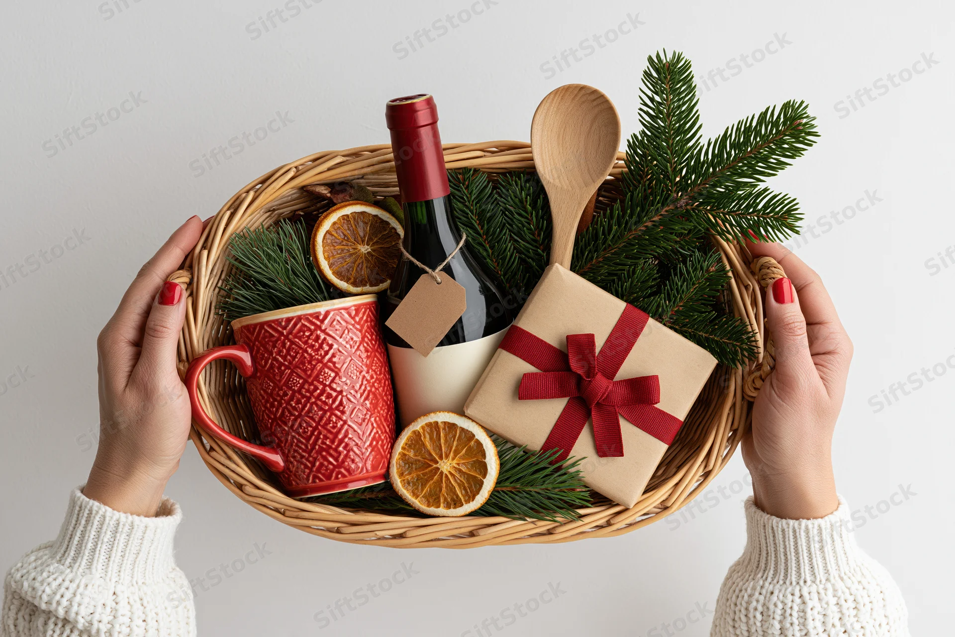 Woman holding a wicker gift basket filled with wine, a red mug, a wrapped gift, pine sprigs and dried oranges