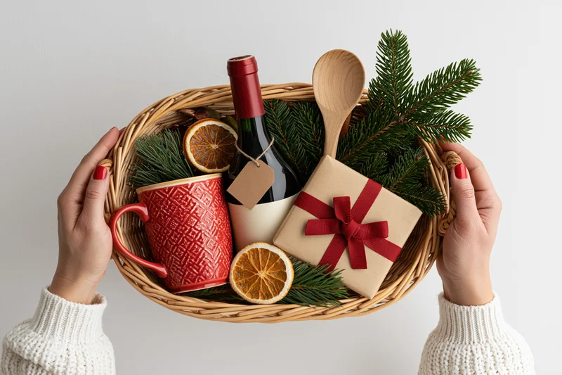 Woman holding a wicker gift basket filled with wine, a red mug, a wrapped gift, pine sprigs and dried oranges