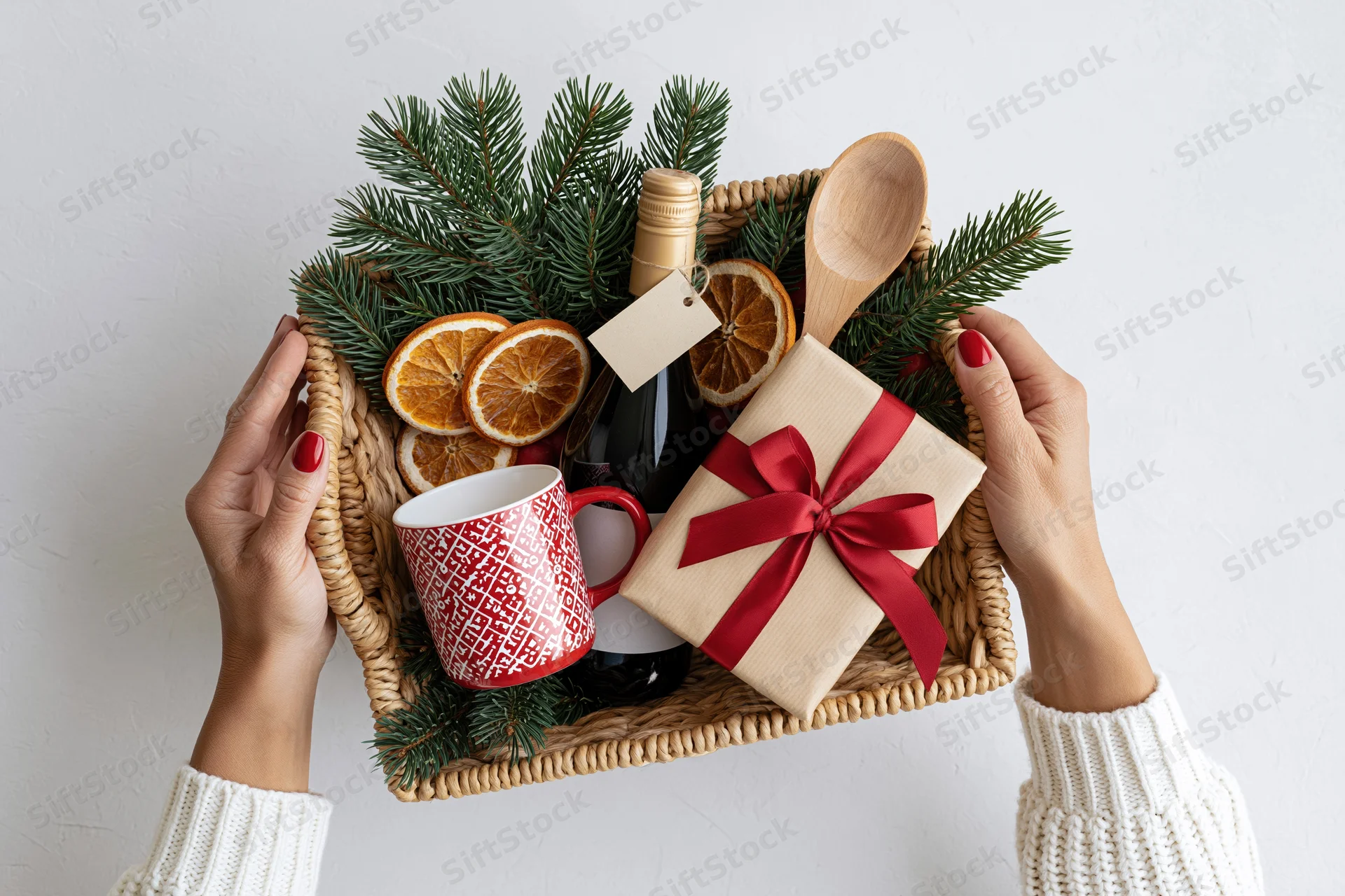 Woman holding a wicker gift basket filled with wine, mug, spoon, dried oranges and pine branches