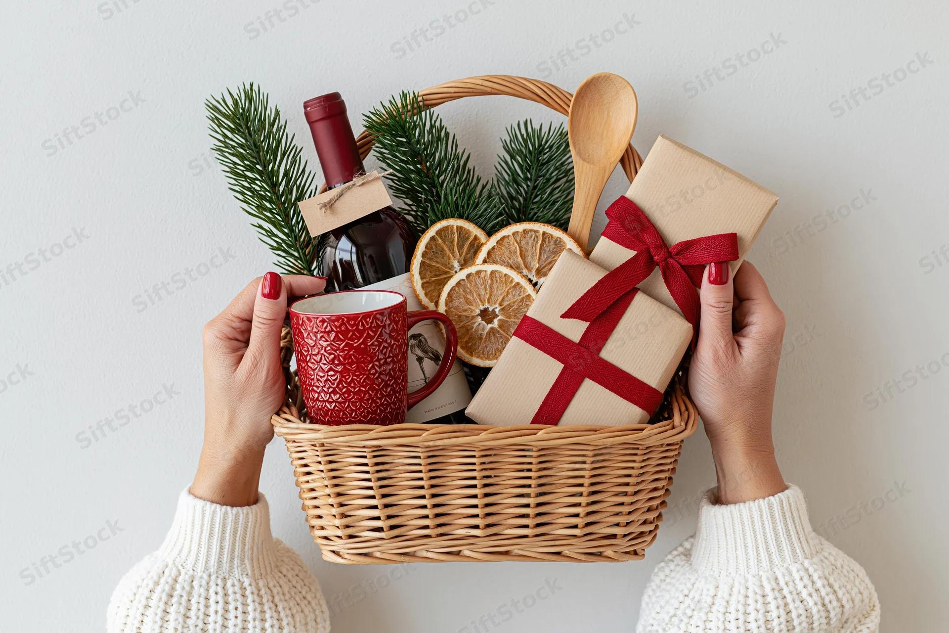 Woman holding a wicker gift basket filled with wine, mug, dried oranges, pine, and wrapped gifts against a white background