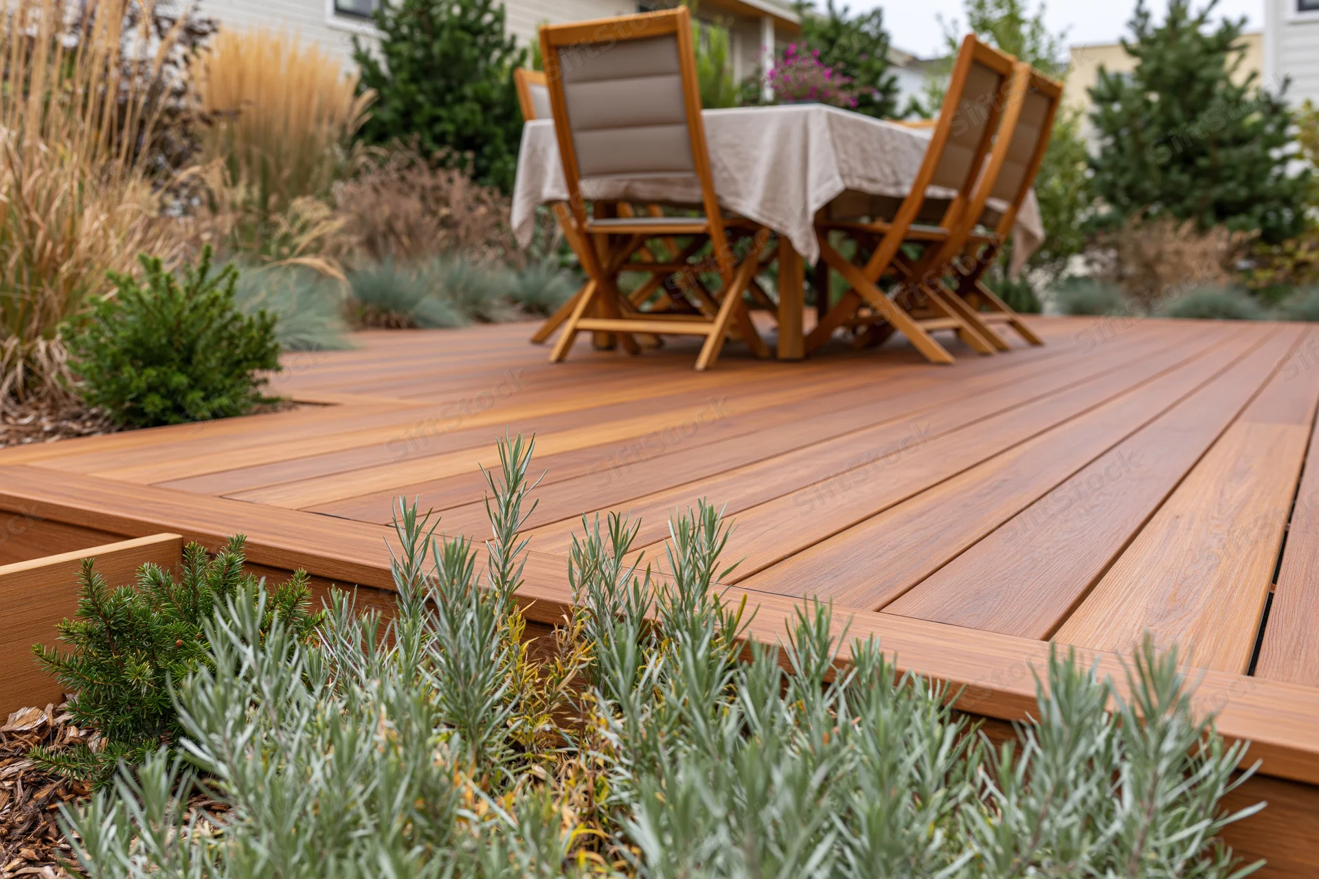 Wooden deck patio with folding chairs and table set for outdoor dining surrounded by garden plants and shrubs