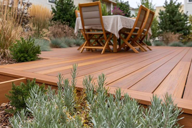 Wooden deck patio with folding chairs and table set for outdoor dining surrounded by garden plants and shrubs