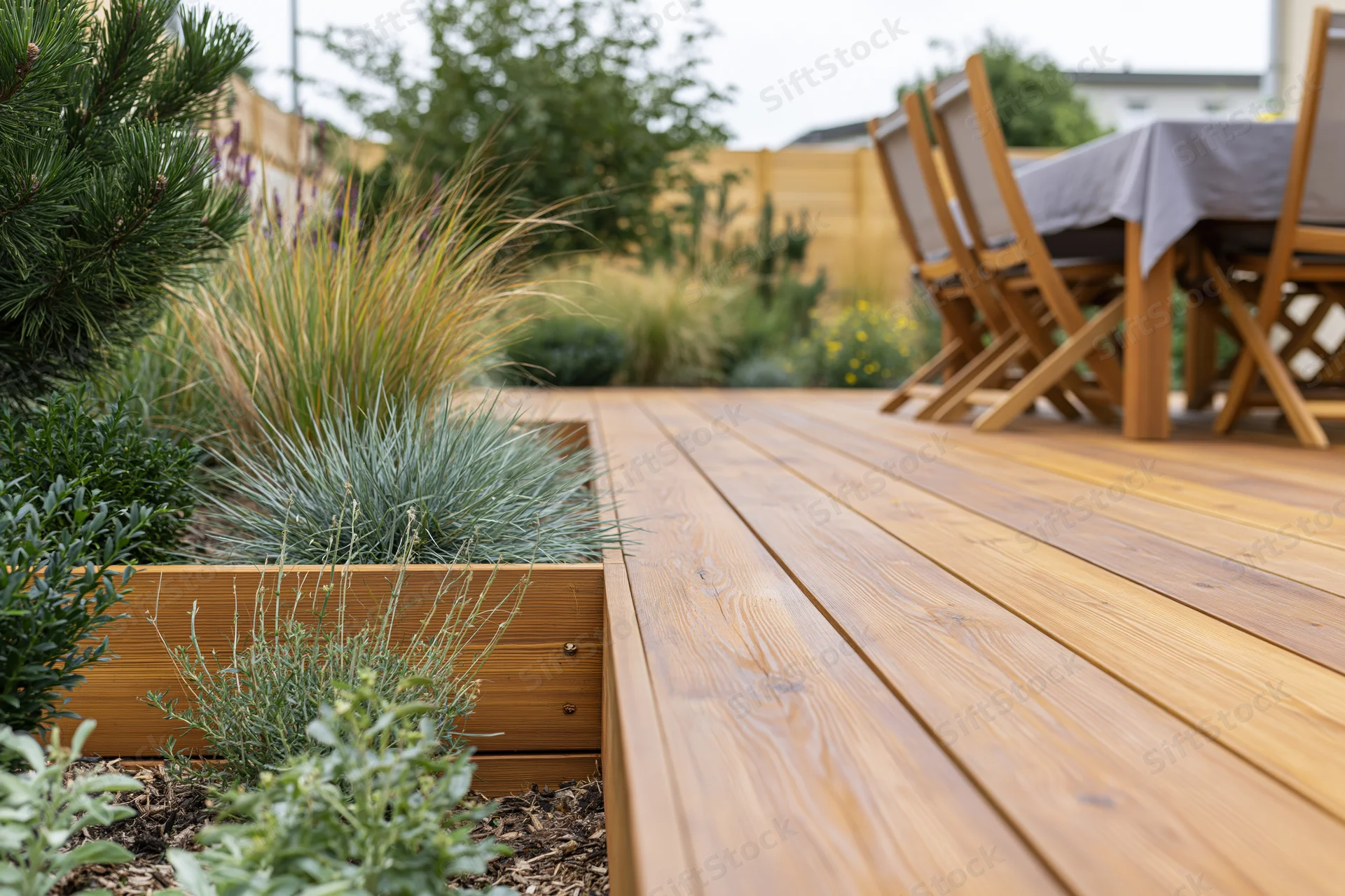 Wooden deck patio with folding chairs and linen-draped table surrounded by garden plants and shrubs