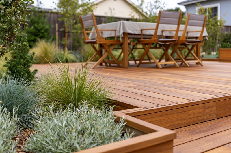 Wooden deck patio with folding chairs around a linen-draped table surrounded by garden plants and shrubs