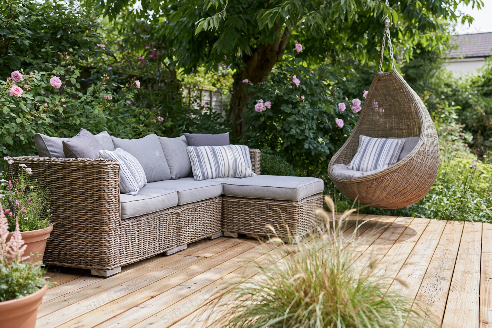 Rattan sectional sofa with cushions and hanging swing on wooden deck patio surrounded by flowering plants and greenery