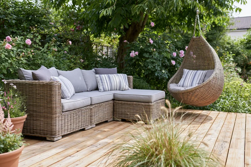 Rattan sectional sofa with cushions and hanging swing on wooden deck patio surrounded by flowering plants and greenery