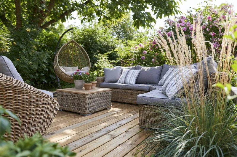 Rattan sectional sofa with cushions on a wooden deck patio surrounded by greenery and flowering plants