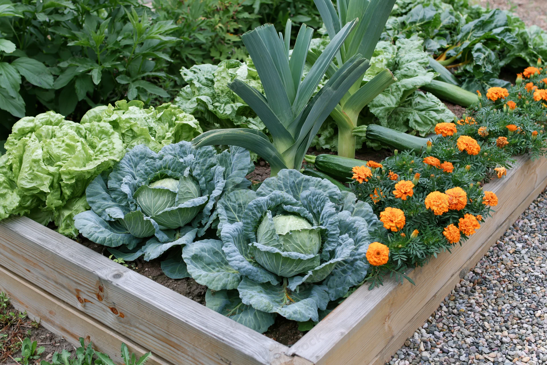 Wooden raised garden bed filled with growing vegetables and marigolds in a backyard garden