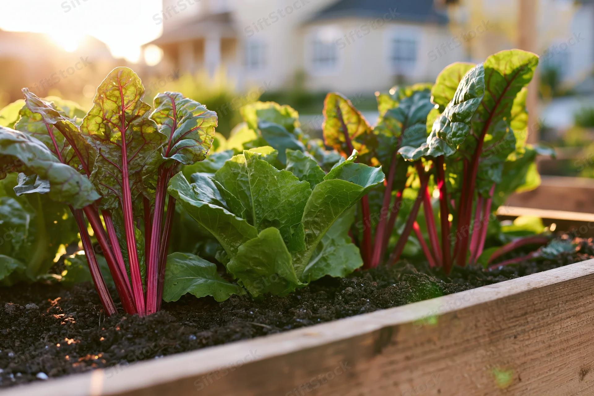 Leafy green vegetables growing in a wooden raised garden bed in a suburban backyard