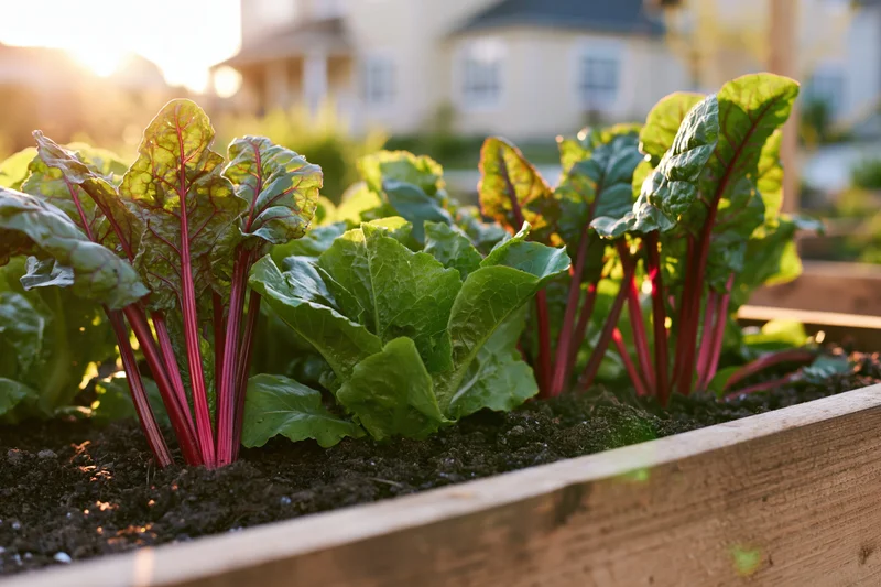 Leafy green vegetables growing in a wooden raised garden bed in a suburban backyard
