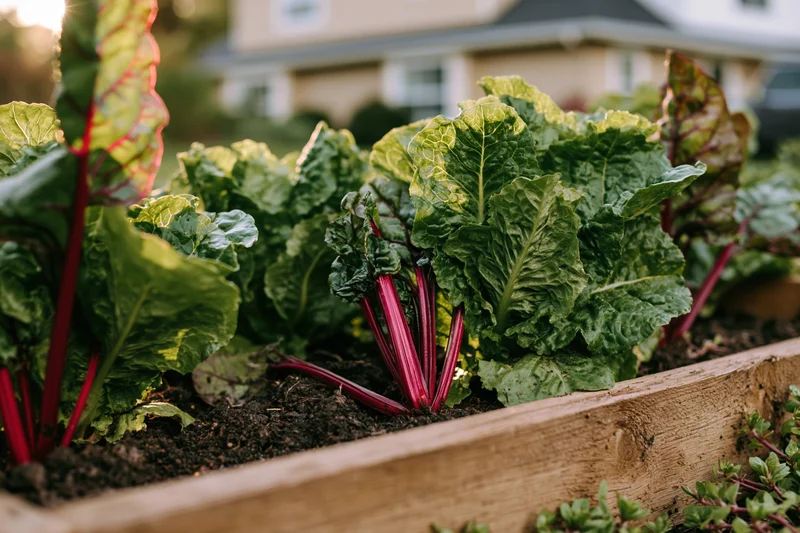 Leafy green vegetables growing in a wooden raised garden bed outdoors
