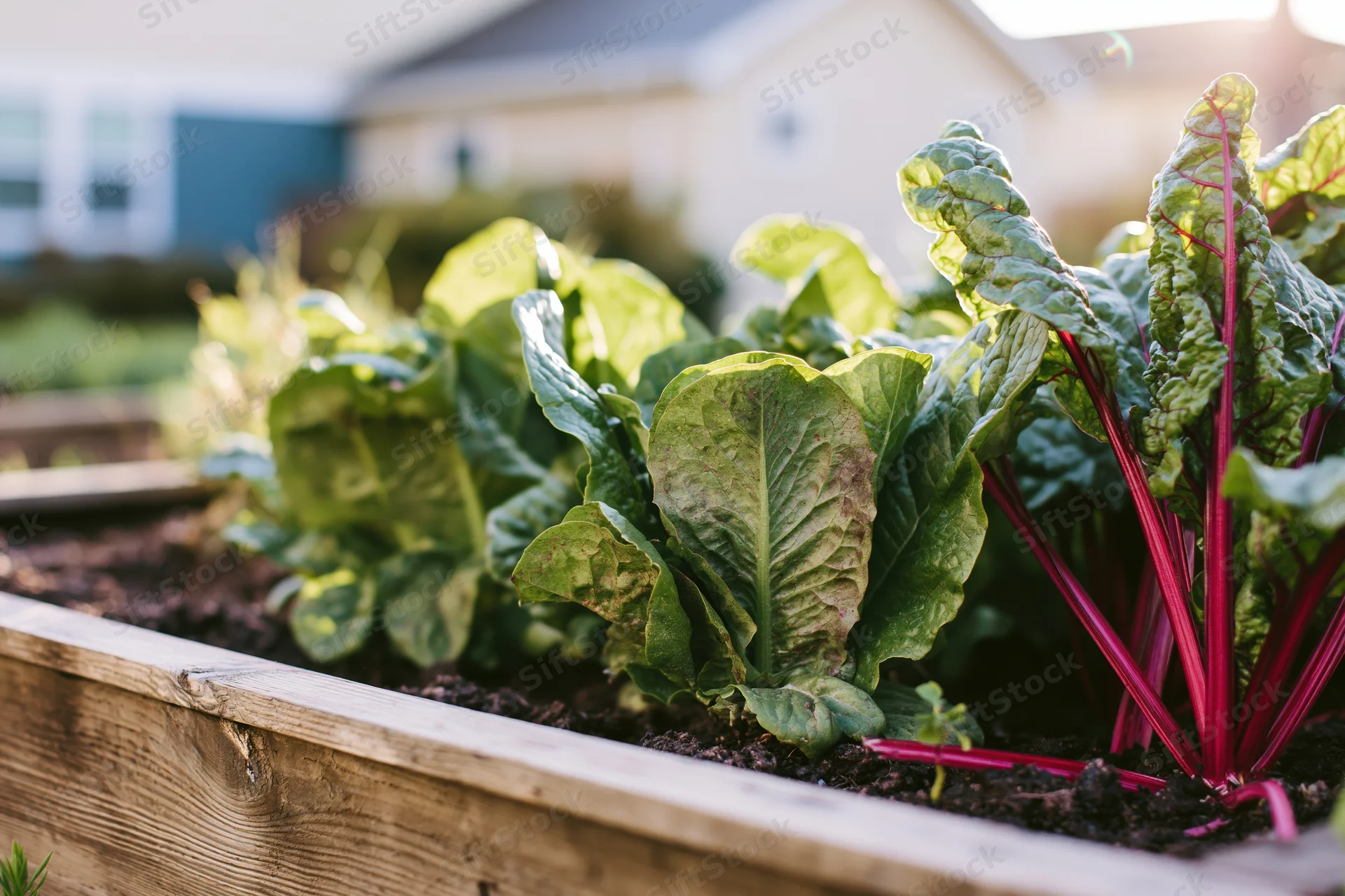 Leafy green lettuce and red-veined chard growing in a wooden raised garden bed in a backyard garden