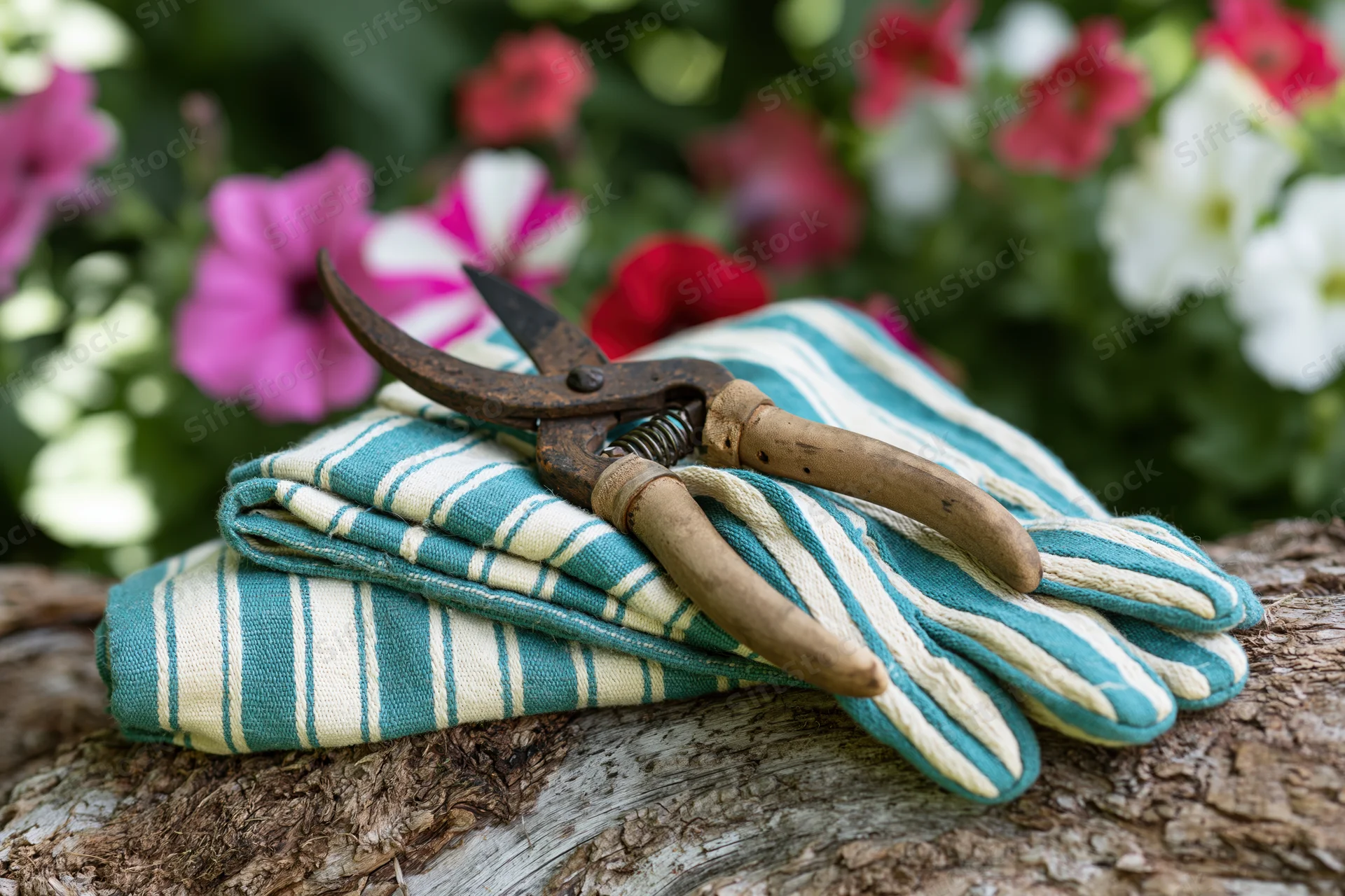 Worn pruning shears resting on folded striped gardening gloves atop a weathered log with petunias in the background