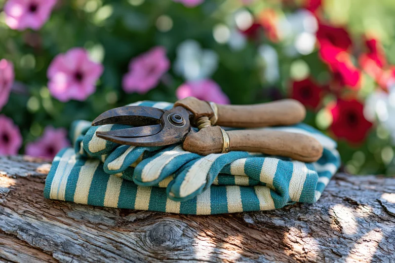 Worn pruning shears with striped gloves on a wooden log in a garden with colorful flowers