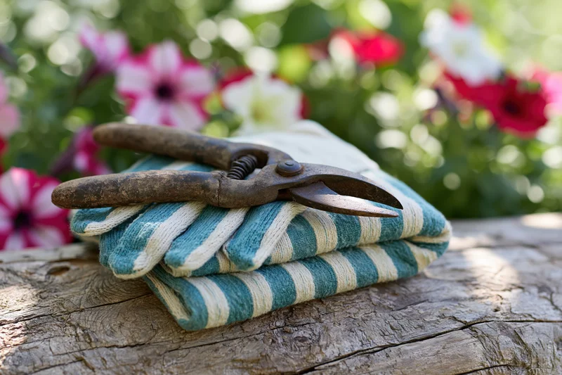 Worn pruning shears resting on folded striped gloves atop a weathered wooden log with flowers in background