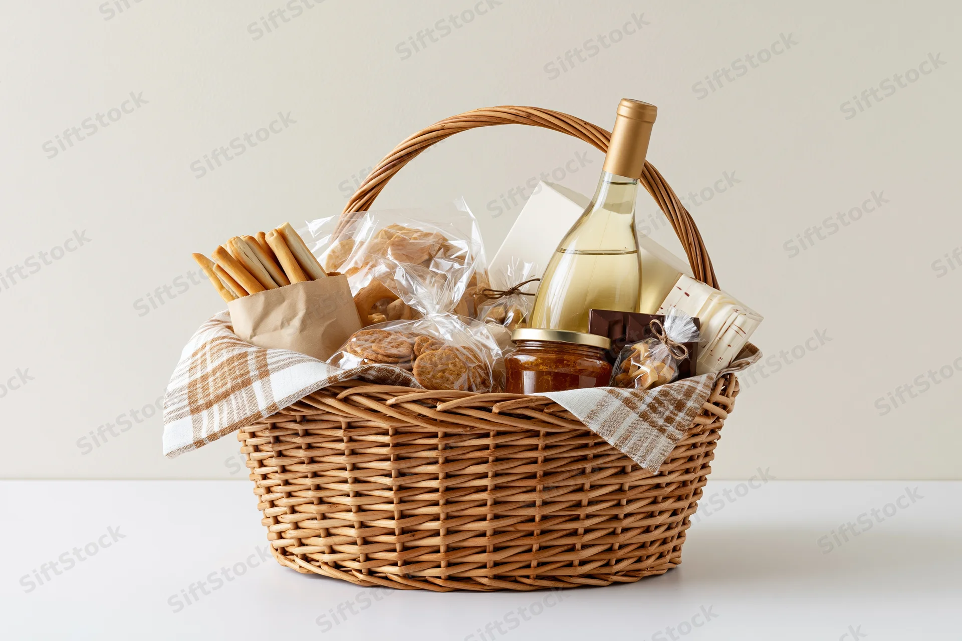 Wicker gift basket filled with white wine bottle, crackers, cookies, jam, chocolate and cheese on a white table