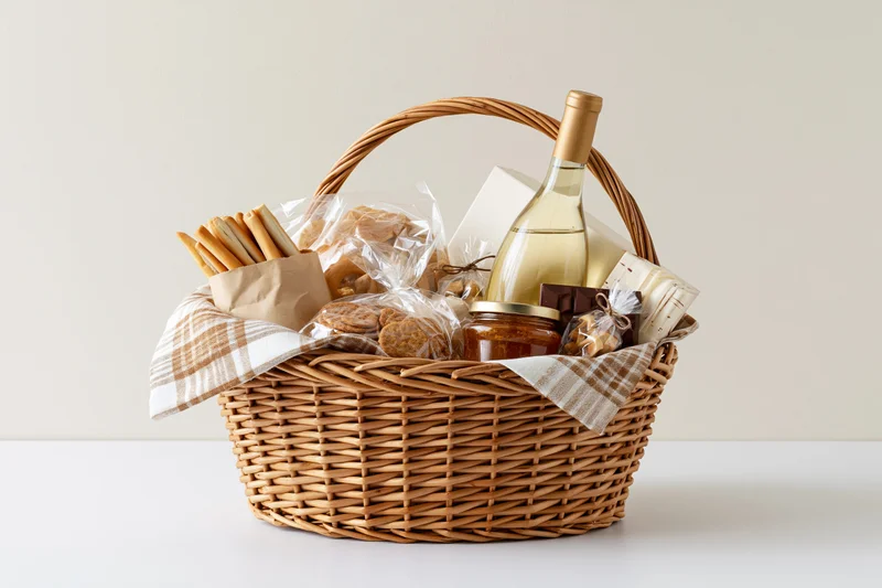 Wicker gift basket filled with white wine bottle, crackers, cookies, jam, chocolate and cheese on a white table