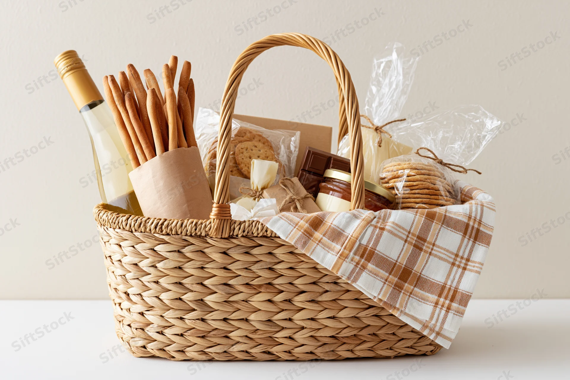 Woven wicker gift basket filled with wine, bread, crackers, chocolate, jam and cookies on a white surface