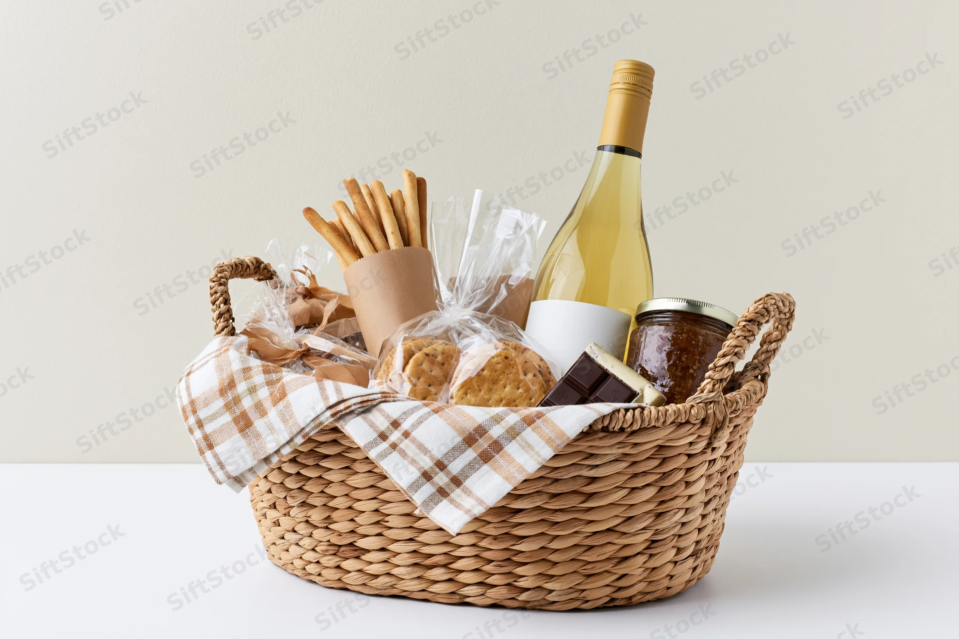 Woven wicker gift basket filled with white wine bottle, crackers, chocolate, jam and breadsticks on white surface