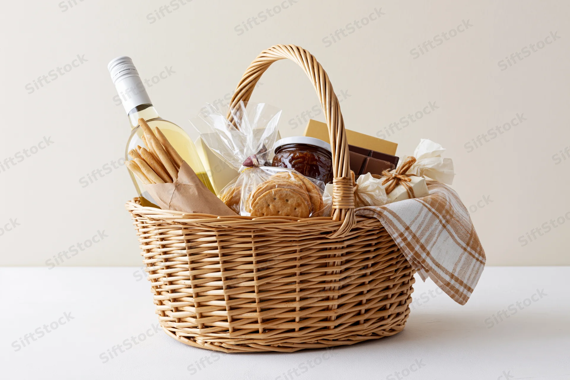 Woven wicker gift basket filled with white wine bottle, bread, crackers, cheese, chocolate, and jam on a white table