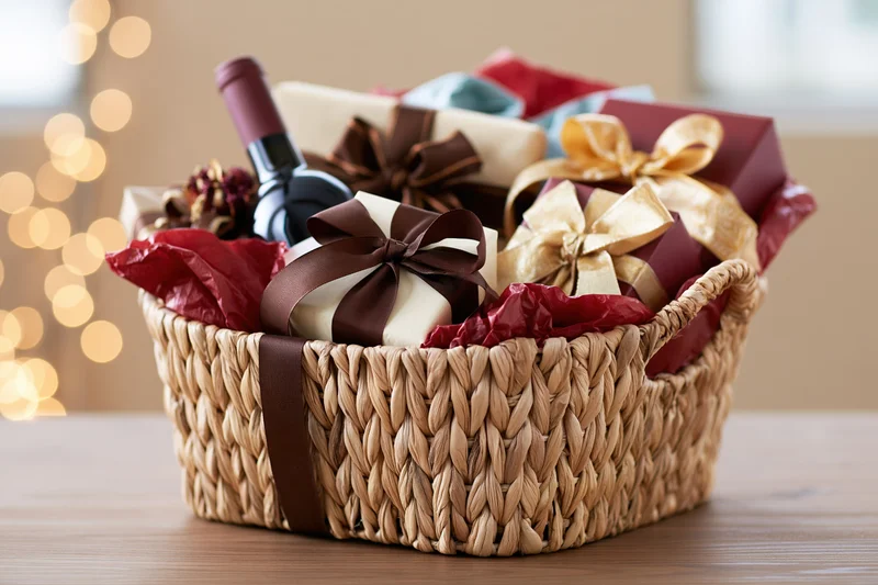 Woven wicker gift basket filled with wrapped presents and a wine bottle on a wooden table