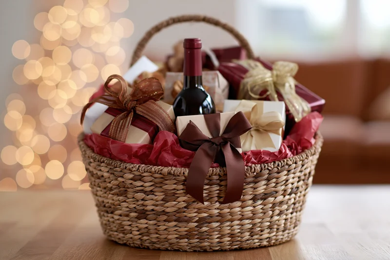 Woven wicker gift basket filled with wrapped presents and a wine bottle on a wooden table with bokeh lights in the background