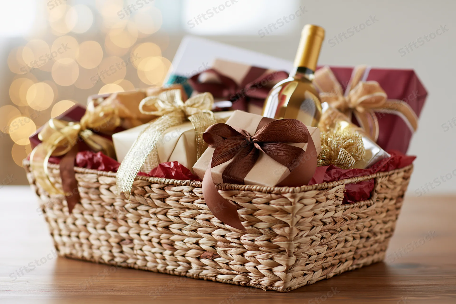 Woven wicker gift basket filled with wrapped presents and a wine bottle on a wooden table