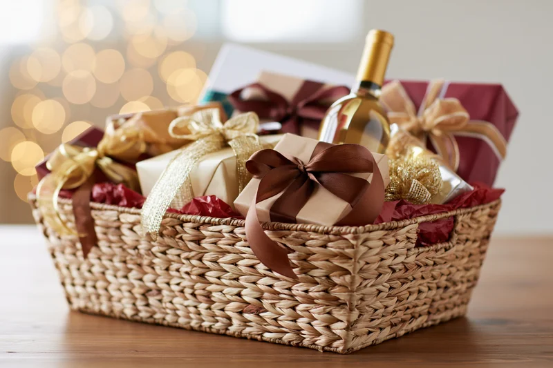 Woven wicker gift basket filled with wrapped presents and a wine bottle on a wooden table