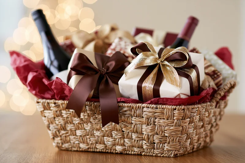 Woven wicker gift basket filled with wrapped presents and wine bottles on wooden table with bokeh lights in background