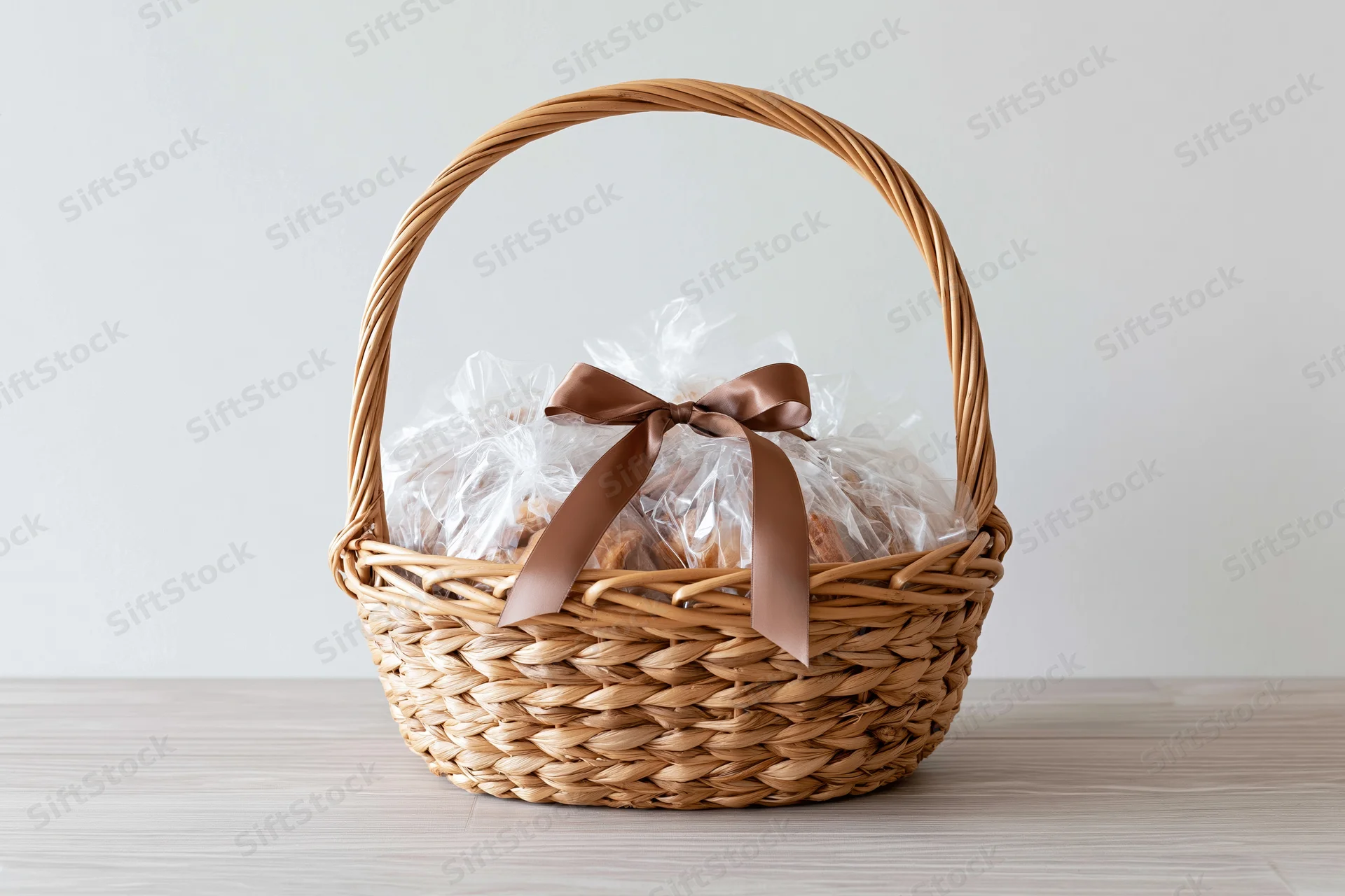 Woven wicker gift basket with arched handle holding wrapped treats on wooden surface