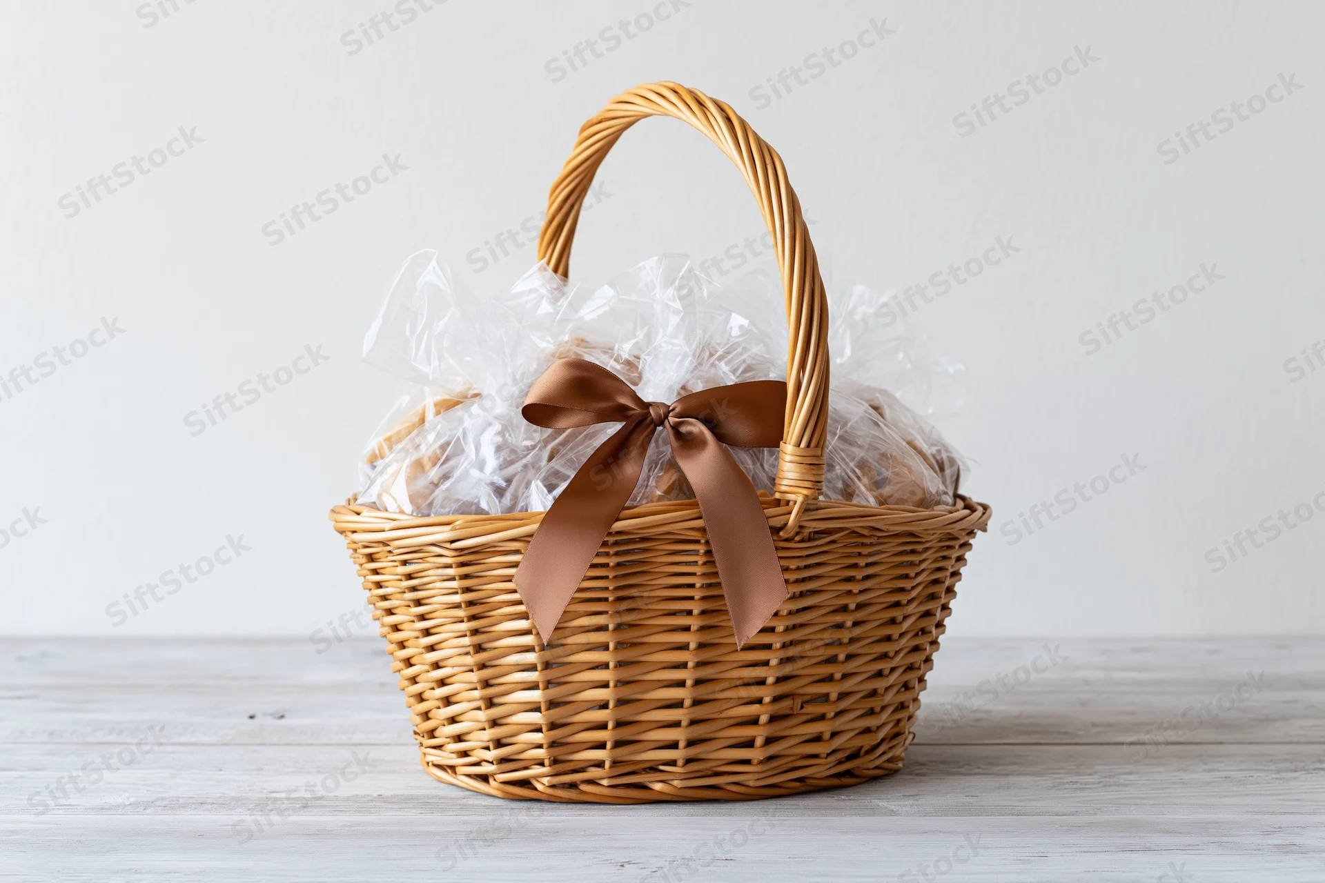 Woven wicker basket with brown ribbon bow and clear-wrapped treats on white wooden surface