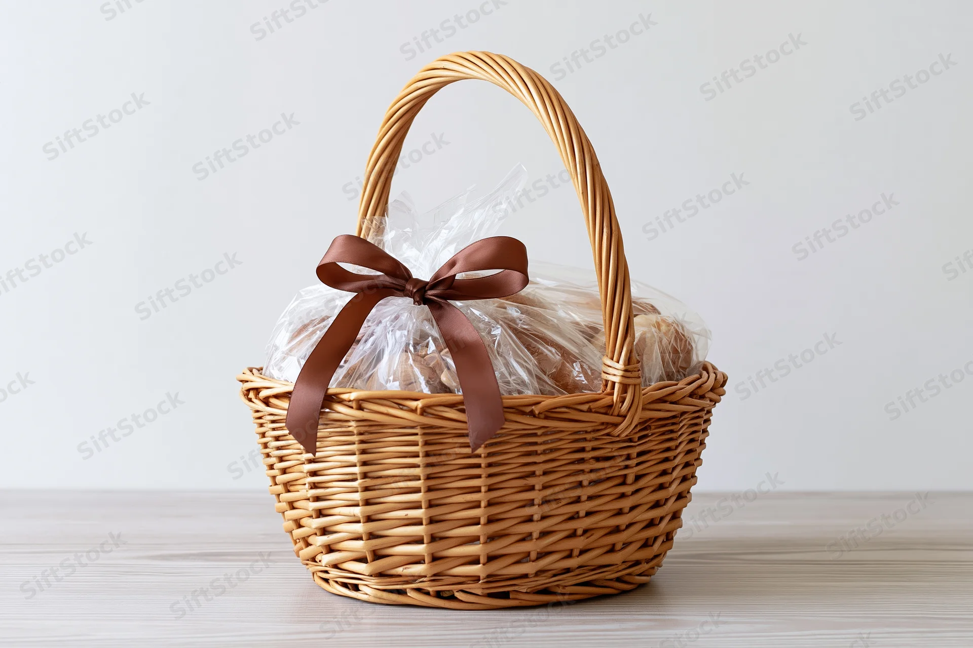 Woven wicker basket with arched handle holding wrapped bread and brown ribbon on wooden surface