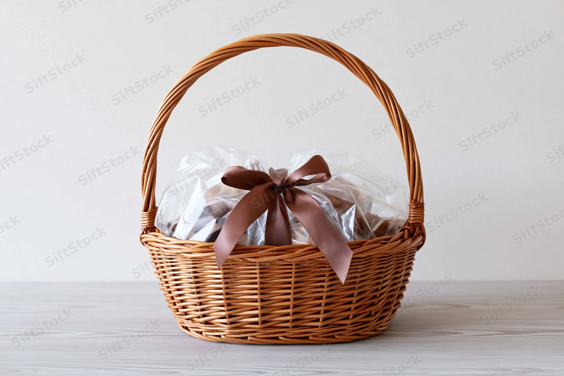 Woven wicker gift basket with arched handle holding wrapped sweets tied with brown ribbon on wooden surface