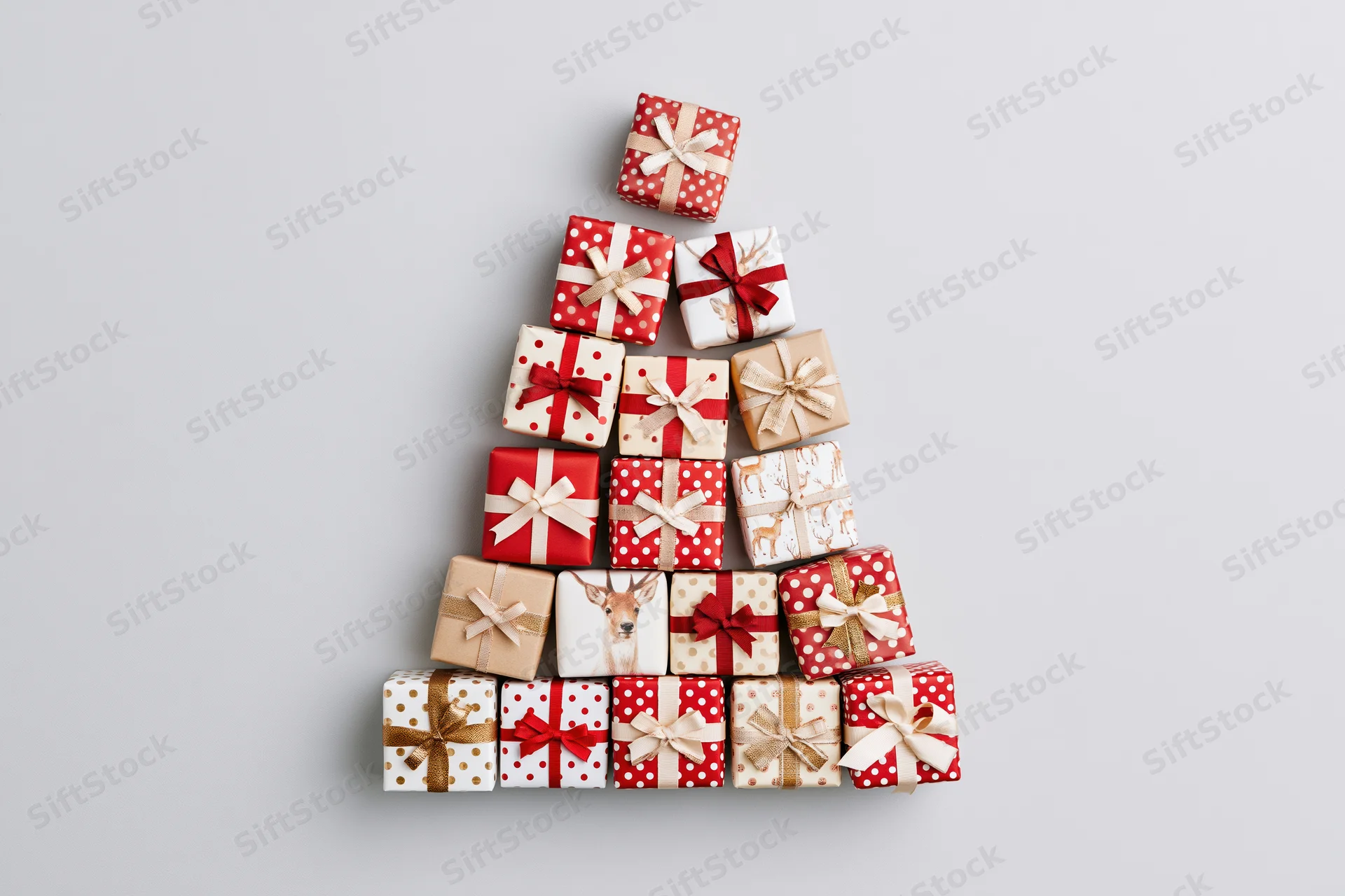 Wrapped gift boxes arranged in triangular tree shape on light gray surface