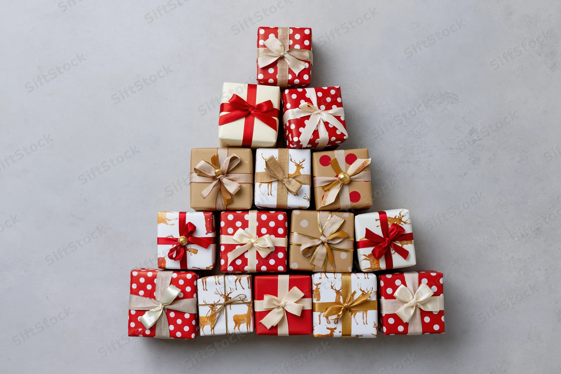 Wrapped gift boxes arranged in triangular tree shape on gray surface