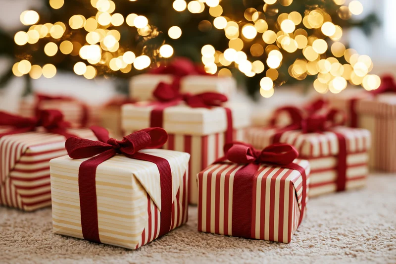 Wrapped gift boxes with red ribbon bows arranged on carpet under glowing christmas tree lights