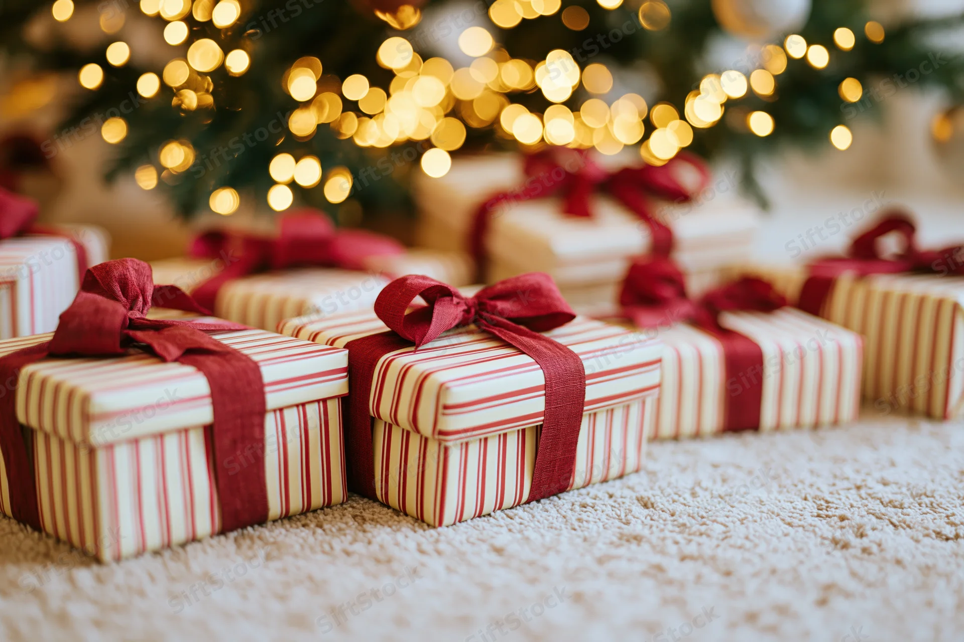 Wrapped gift boxes with red ribbon bows arranged on carpet under lit christmas tree