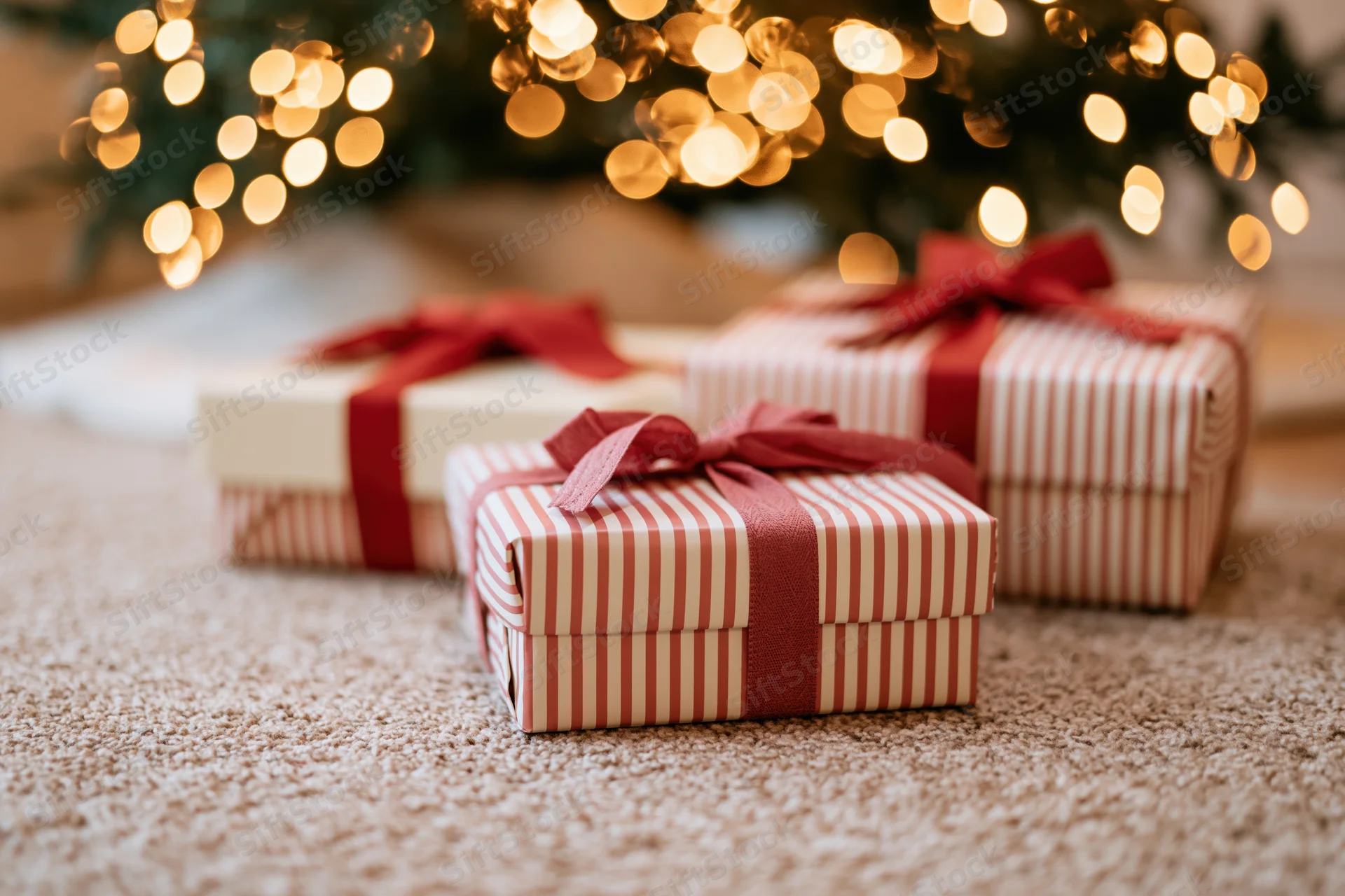 Wrapped gift boxes with red ribbon bows arranged on carpet under lit christmas tree