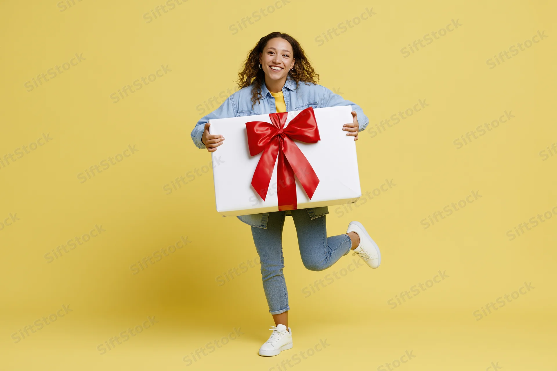 Woman jumping with oversized white gift box tied with red ribbon against yellow background