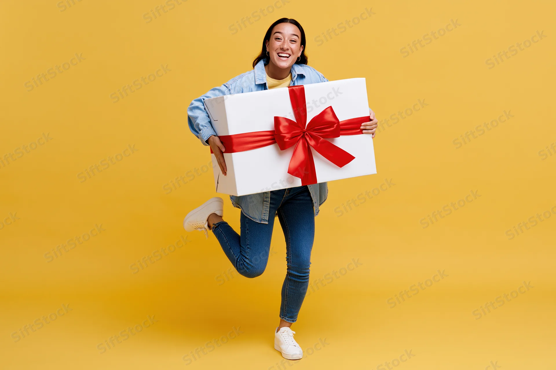 Woman smiling and jumping while holding a large white gift box with red ribbon against yellow background