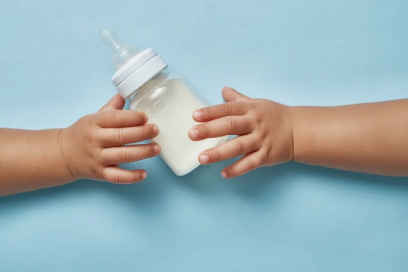 Baby bottle with milk held by infant hands against blue background